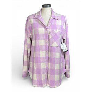 RIP CURL Dreamer Flannel Shacket Sz S Pink White Plaid Button Up Oversize Fleece